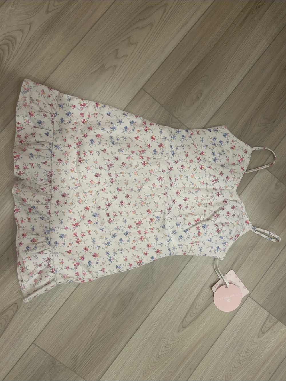 LoveShackFancy Girls Floral Spaghetti-Strap Dress in Cream with Pink & Blue